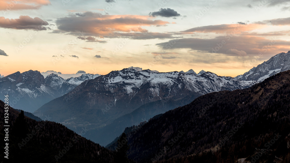 sunset over mountain. Dolomiti landscape at dusk sunset over mountain. Dolomiti landscape at dusk