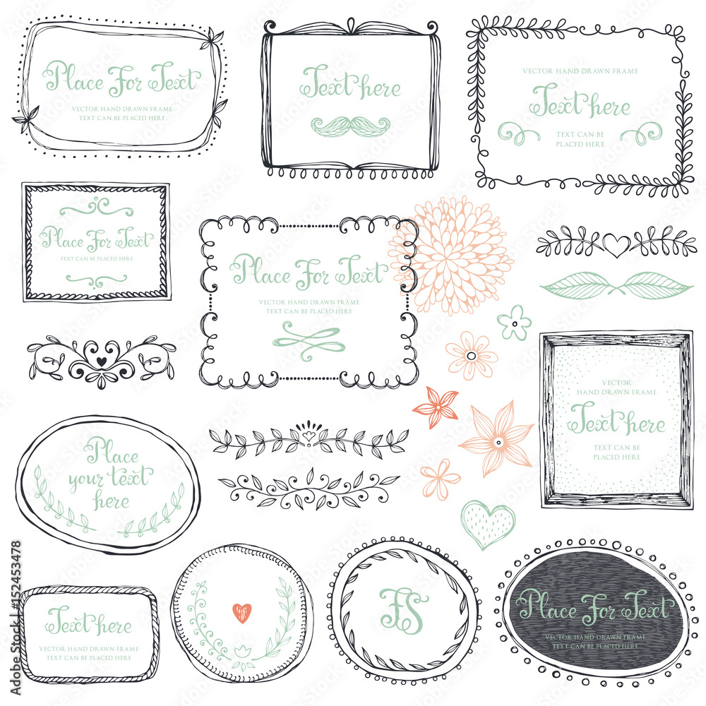 Hand drawn frames, flowers, floral dividers and design elements. Vector illustration. Hand drawn frames, flowers, floral dividers and design elements. Vector illustration.