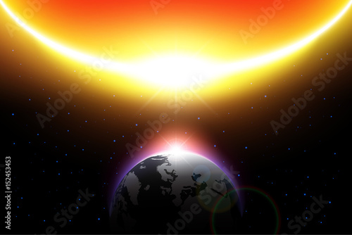 Fototapeta Naklejka Na Ścianę i Meble -  Sun come close to earth on solar system . Global warm and Doomsday concept .  Vector .