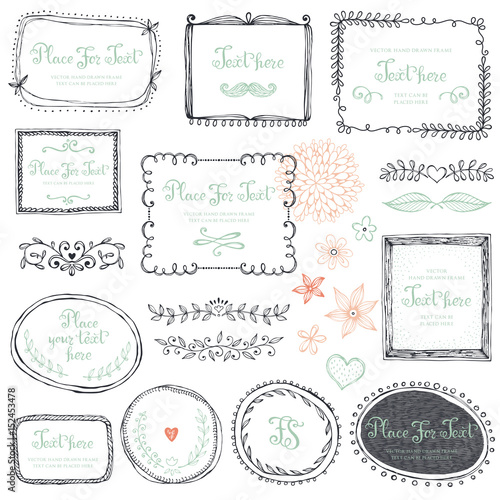 Hand drawn frames, flowers, floral dividers and design elements. Vector illus...