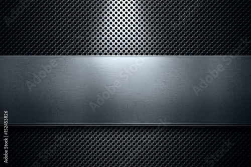 Blue colored perforated metal plate with polished metal plate banner