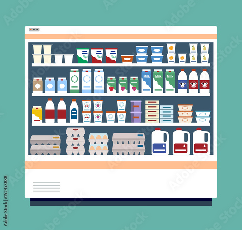 Commercial refrigerator full of dairy products. Flat styled vector illustration. 
