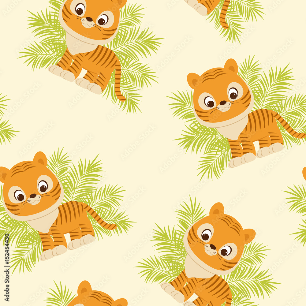 Naklejka premium Tiger cub in tropical leaves