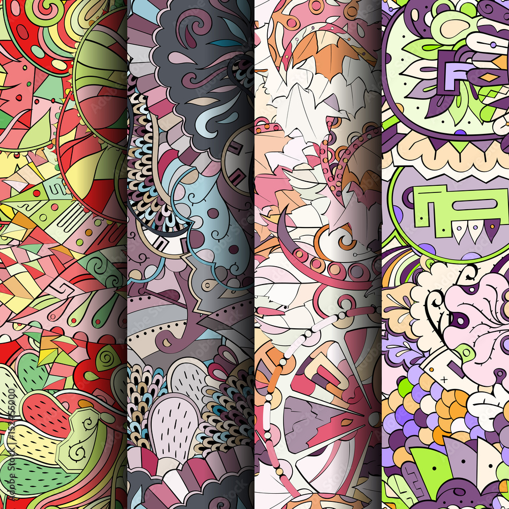 Fototapeta Set of tracery colorful seamless patterns. Vertical stripes. Curved doodling backgrounds for textile or printing with mehndi and ethnic motives. Vector
