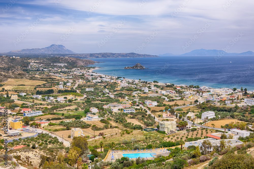 Beautiful aerial view of Kefalos village, Kastri island and the coastline of Kos island, Dodecanese, Greece