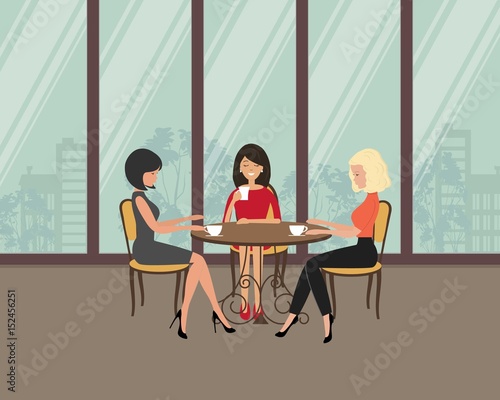 Three girls in the cafe. There are women, sitting at the table and drinking coffee on a window background in the picture. Vector flat illustration.