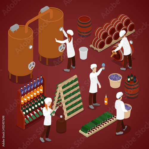 Winery Factory. Wine Production Line. Isometric vector flat 3d illustration