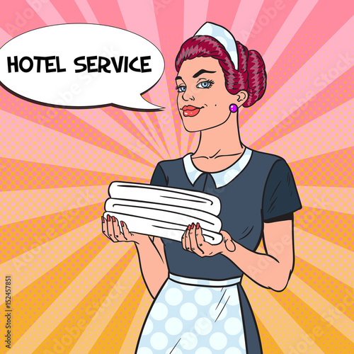 Female Chambermaid with Clean Towels. Hotel Service. Pop Art vector illustration