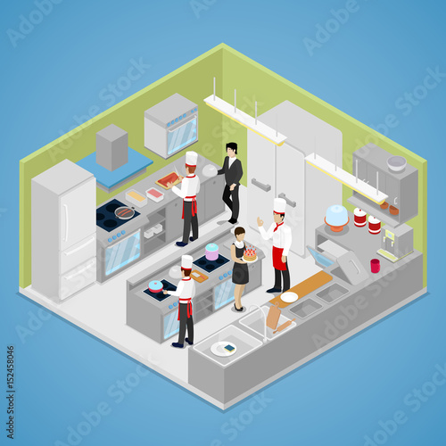 Restaurant Kitchen Interior. Chef Cooking Food. Isometric vector flat 3d illustration