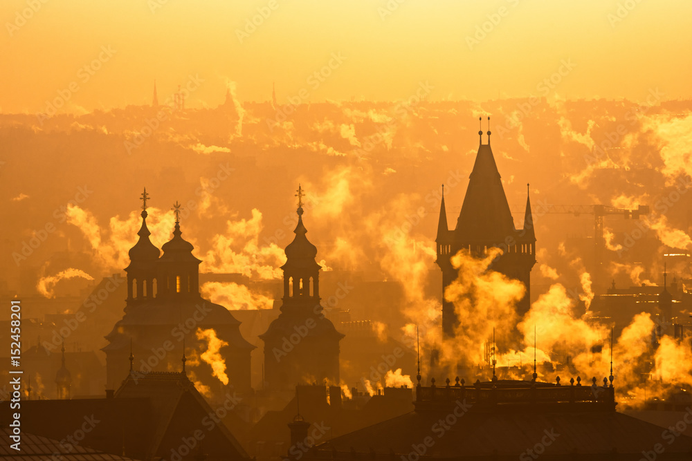Naklejka premium Prague foggy sunrise, Czech republic.