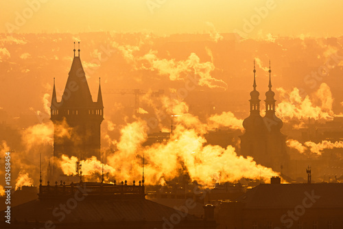Prague foggy sunrise, Czech republic.