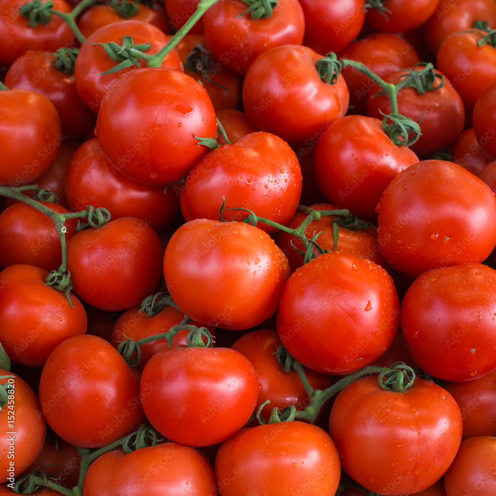 Fresh ripe red tomatoes in a market