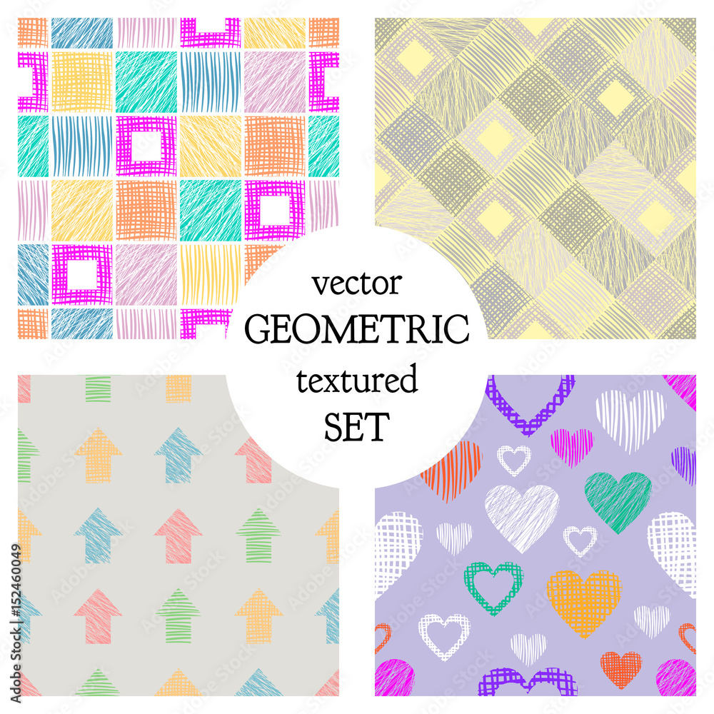 Set of seamless vector geometrical patterns with different geometric figures, forms. pastel endless background with hand drawn textured geometric figures. Graphic vector illustration Set of seamless vector geometrical patterns with different geometric figures, forms. pastel endless background with hand drawn textured geometric figures. Graphic vector illustration