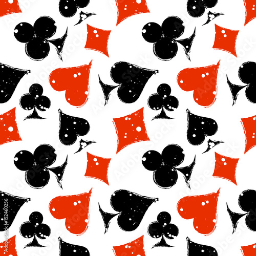 Vector seamless grunge pattern. Grungy graphic illustration of sign of playing card with ink blot, brush strokes. Endless background. Series of gaming and gambling seamless vector patterns.