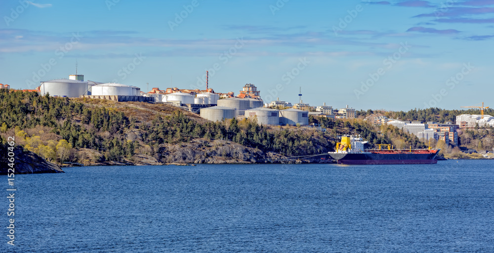 Oil storage tanks on Stockholm archipelago coast