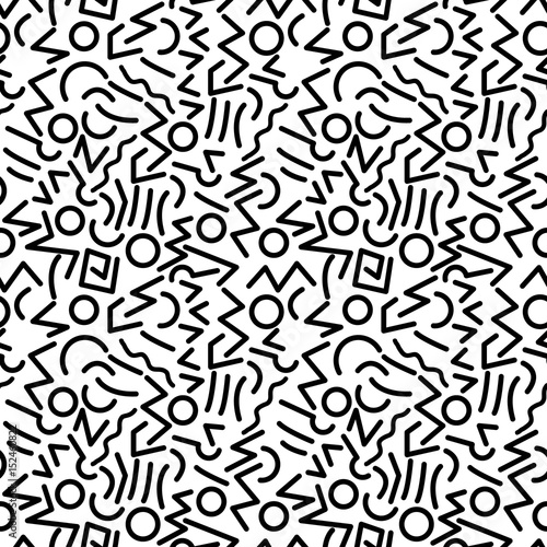 Scattered Geometric Line Shapes. Abstract Background Design. Vector Seamless Black and White Pattern.