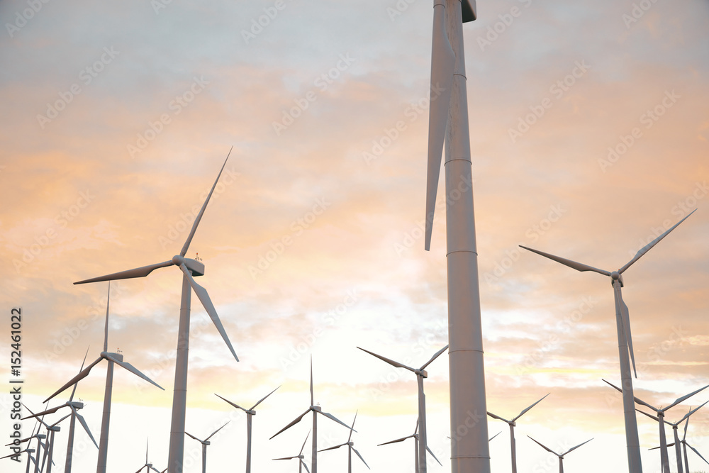 Fototapeta premium 3d illustration, turbine on the grass with sunset sky background. Concept alternative electricity source. Eco energy, clean Energy