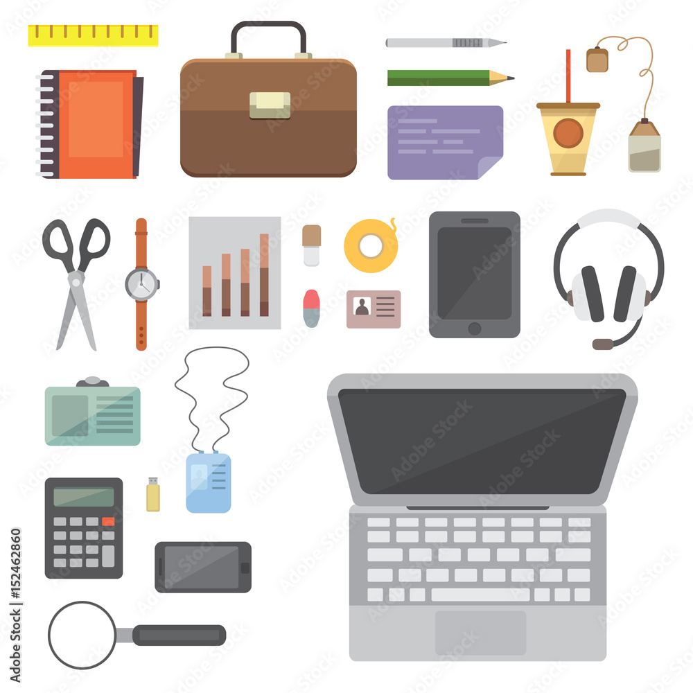 Workplace with mobile devices and documents. Office personal and Business Icons vector set. work table with gadget laptop flat illustration