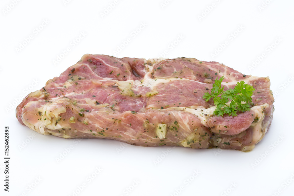 Pork chop, marinated. Isolated on the white background. Pork chop, marinated. Isolated on the white background.