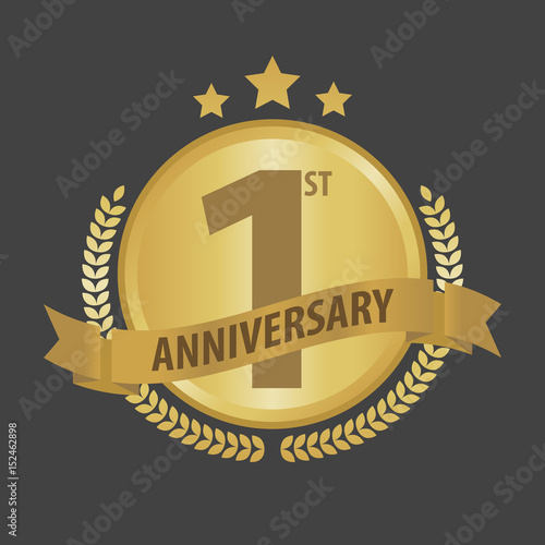 First 1 year anniversary golden badge and ribbon vector illustration