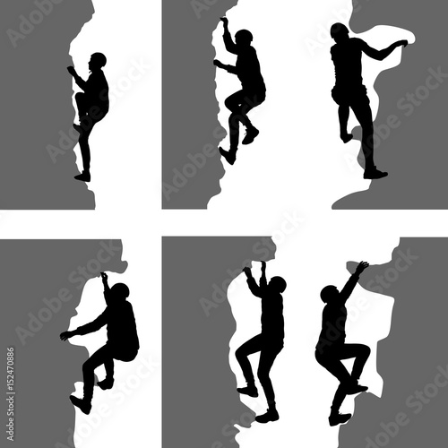 Black set silhouette rock climber on white background