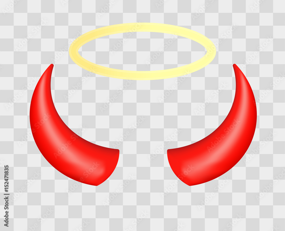 Red devil horns and angel halo isolated on transparent checkered background. Vector illustration