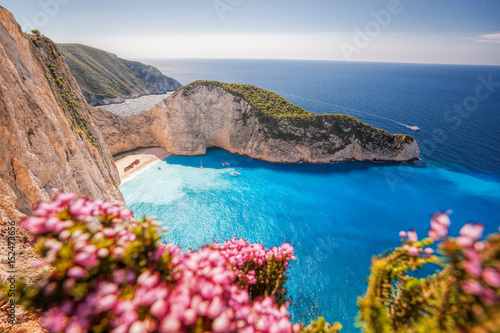 Navagio beach with shipwreck and flowers on Zakynthos island, Greece