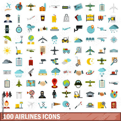 100 airlines icons set, flat style