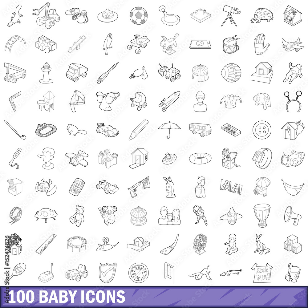 100 baby icons set, outline style 100 baby icons set, outline style