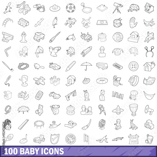 100 baby icons set  outline style