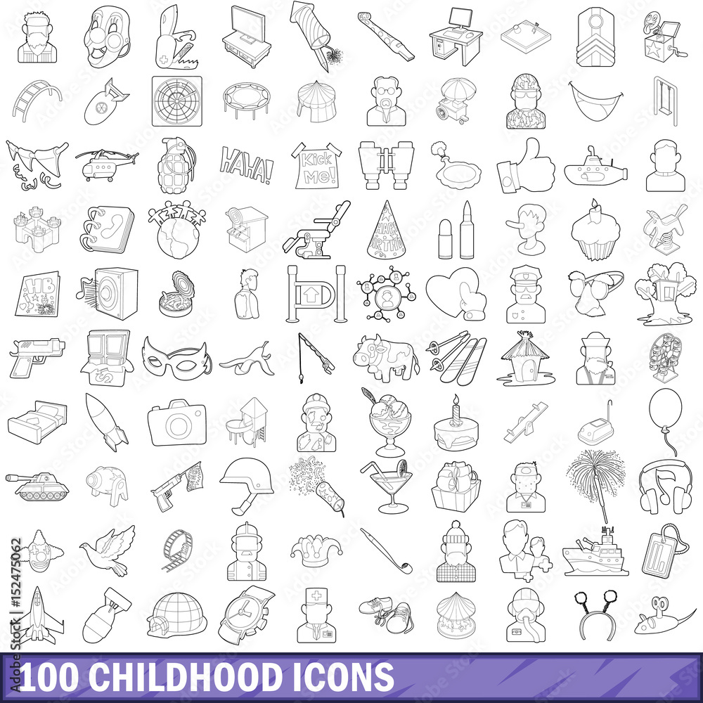 100 childhood icons set, outline style