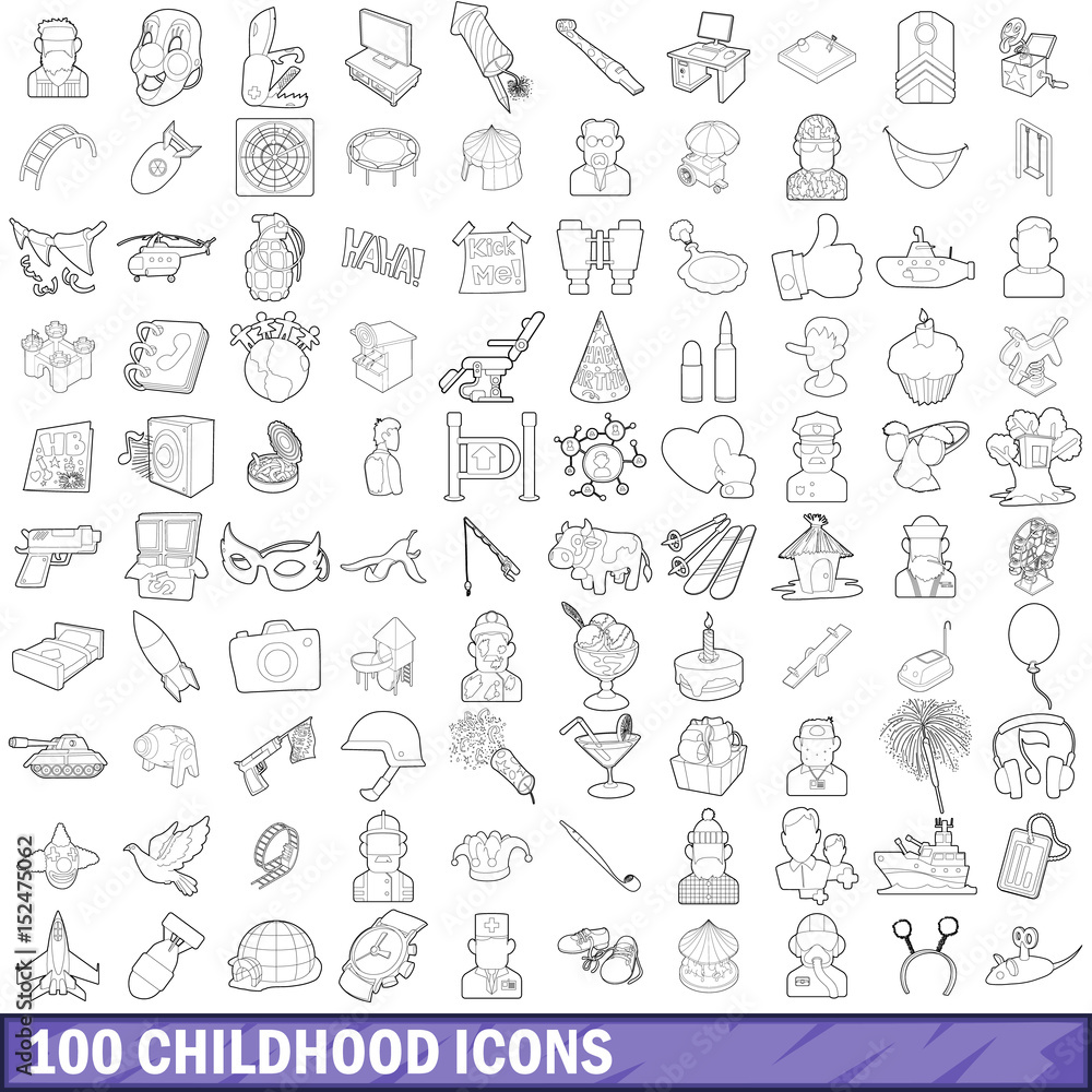 100 childhood icons set, outline style 100 childhood icons set, outline style