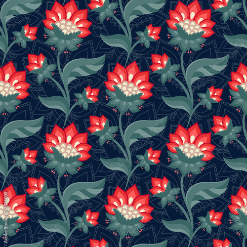 Floral seamless pattern, Jacobean style flowers. Colorful herbal background. Vector illustration. Jacobean floral, herbal collection, red flowers. Dark blue summer night background.