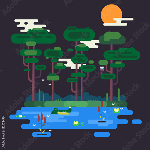A Beautiful Vector Illustration of Swamp at Night with Crocodile, Owl, Flies, Cattails and More.