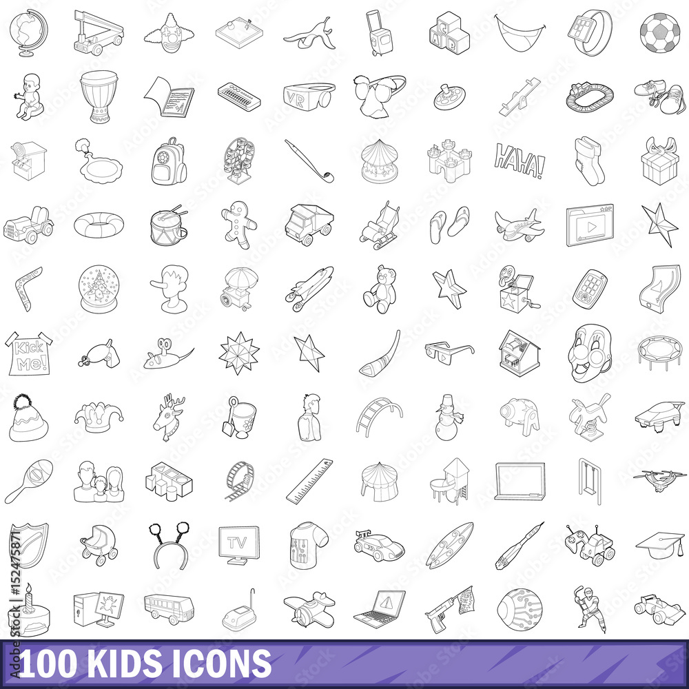 100 kids icons set, outline style 100 kids icons set, outline style