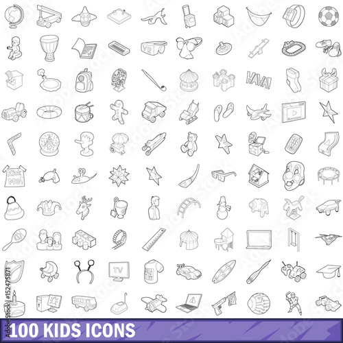 100 kids icons set  outline style