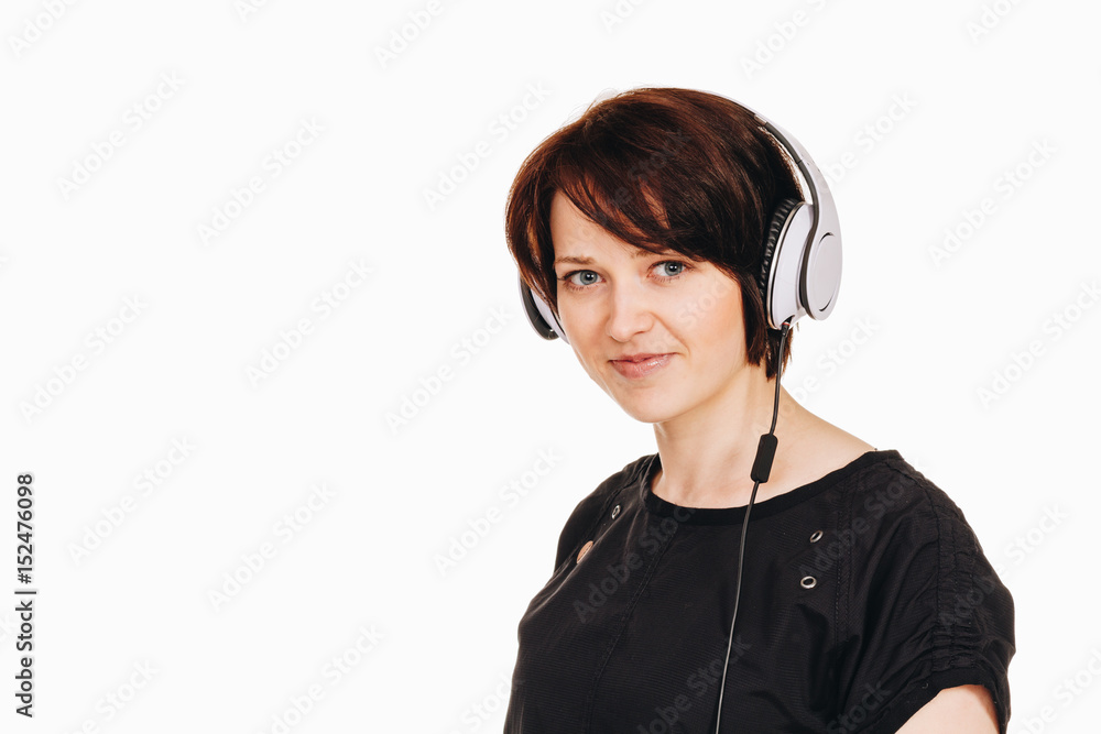 beautiful girl with short hair hearing music with earphones beautiful girl with short hair hearing music with earphones