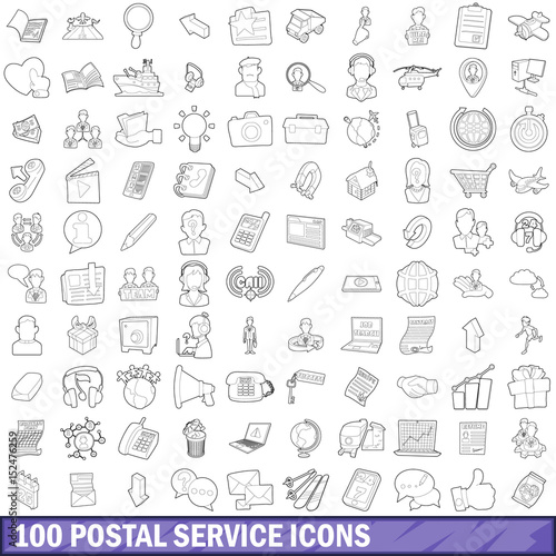 100 postal service icons set, outline style