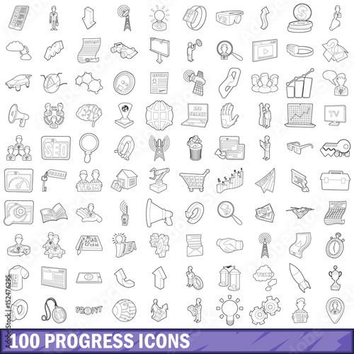 100 progress icons set, outline style