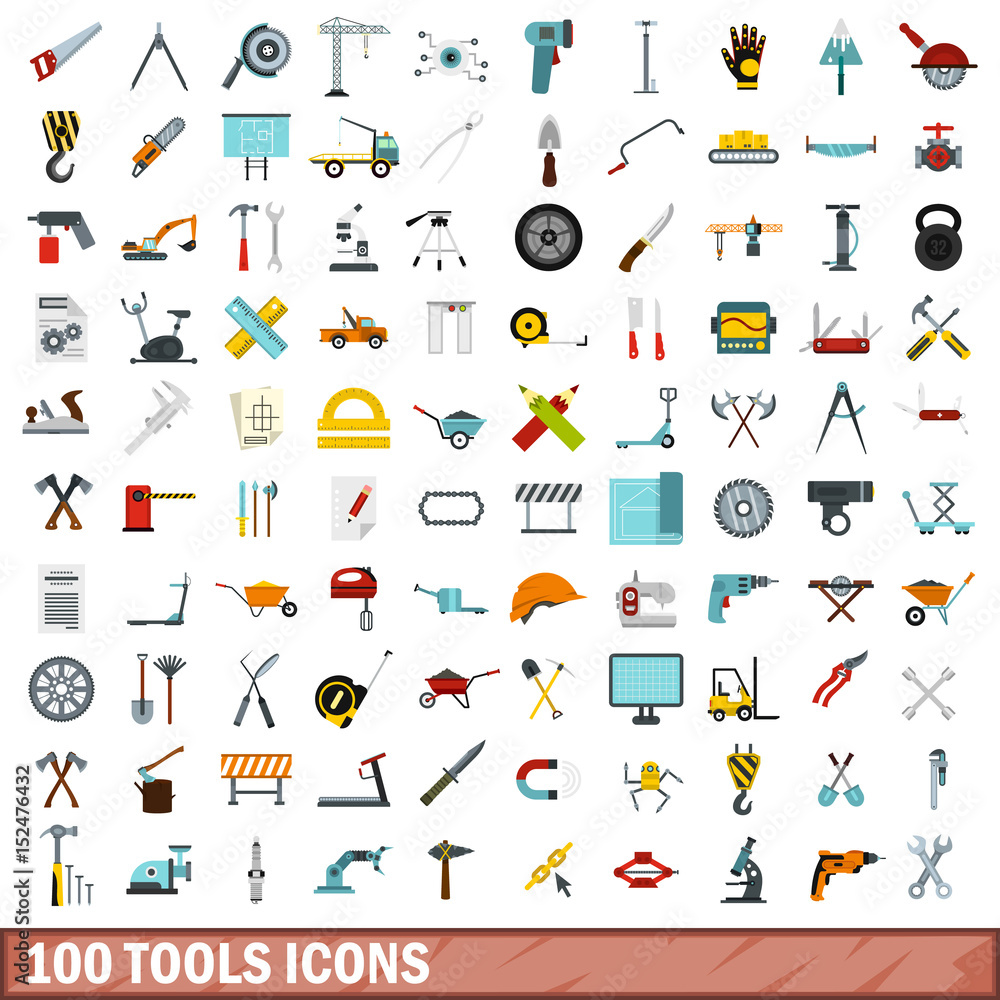 100 tools icons set, flat style