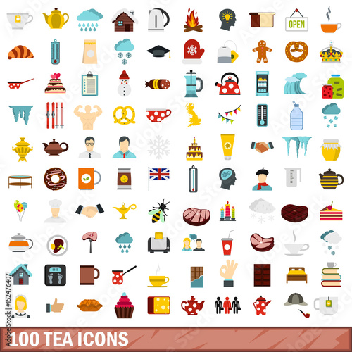 100 tea icons set, flat style