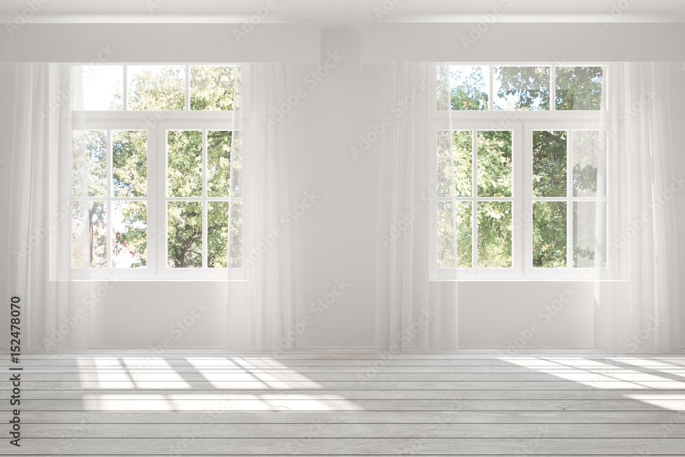 White empty room with green landscape in window. Scandinavian interior design. 3D illustration