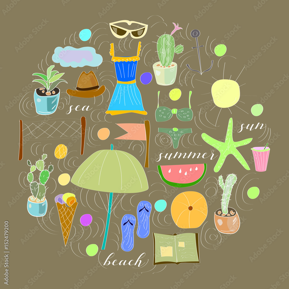 Vector drawn set of hand drawn summer doodles. Bright colorful illustrations Vector drawn set of hand drawn summer doodles. Bright colorful illustrations