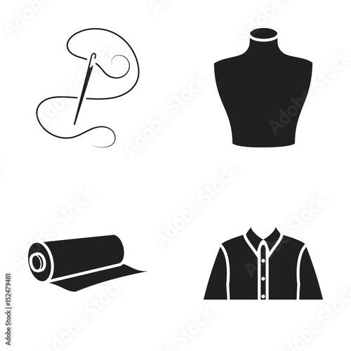 A man's shirt, a mannequin, a roll of fabric,needle and thread .Atelier set collection icons in black style vector symbol stock illustration web.