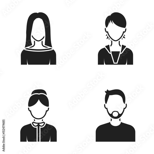 Boy in a cap, redheaded teenager, grandfather with a beard, a woman.Avatar set collection icons in black style vector symbol stock illustration web.