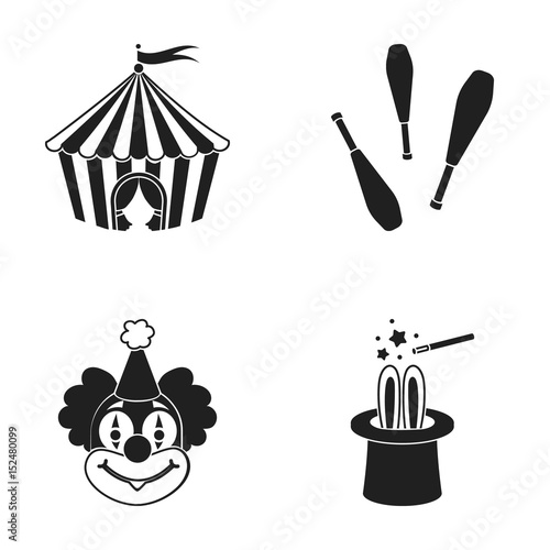 Circus tent, juggler maces, clown, magician's hat.Circus set collection icons in black style vector symbol stock illustration web.