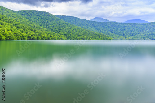 Lake Nohur on a cloudy spring day.Gabala.Azerbaijan photo