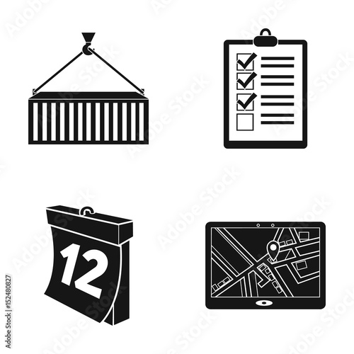 Metal container, documents, waybills, signature, calendar, JPS navigator. Logistic,set collection icons in black style vector symbol stock illustration web.