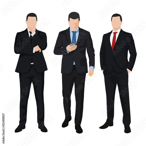 Group of three business men, isolated vector illustrations. Set of people in dark suits