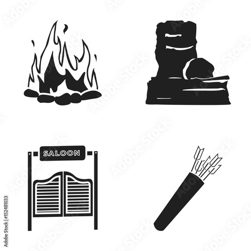 A bonfire, a door to a saloon, a quiver with arrows, a rock.Wild west set collection icons in black style vector symbol stock illustration web.